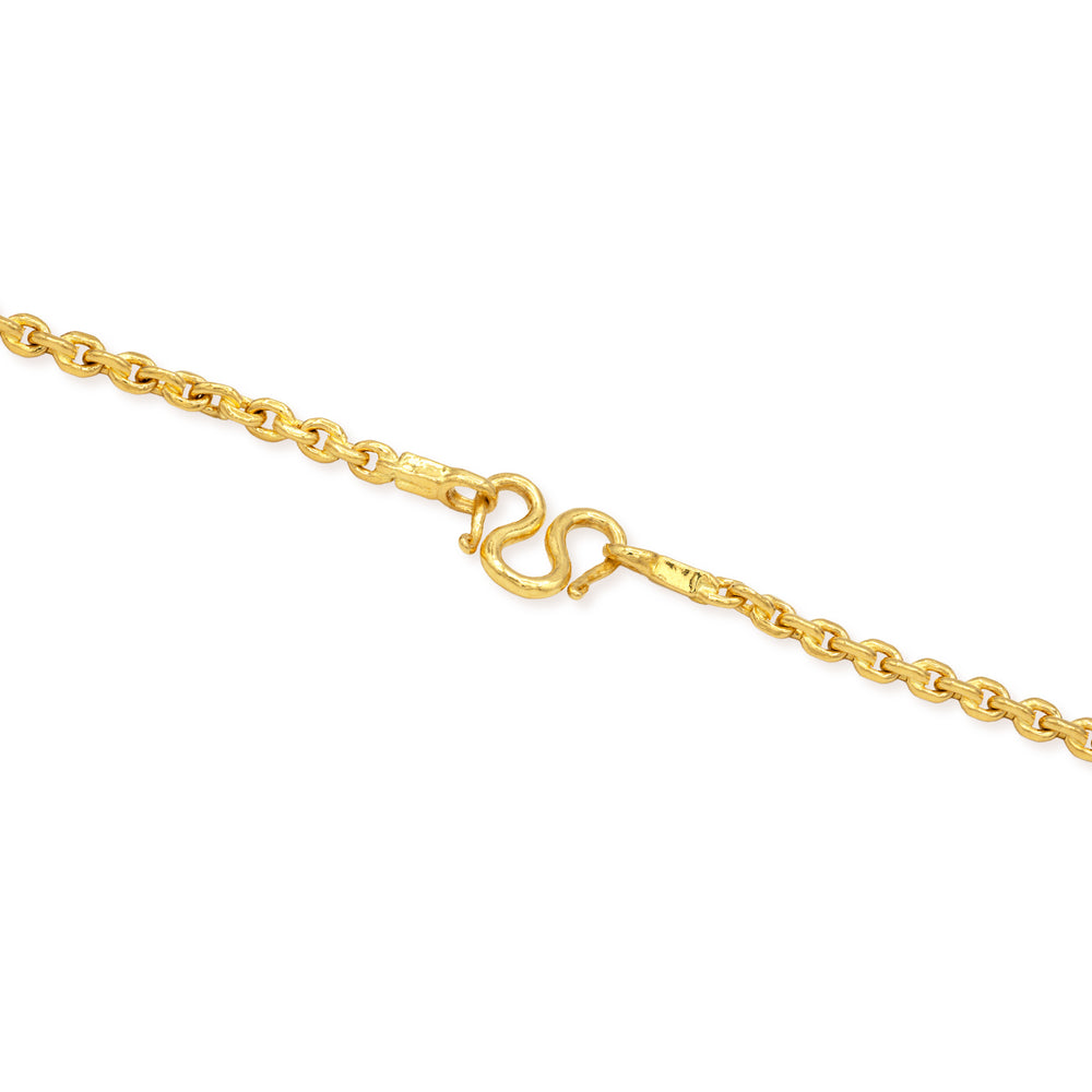 Close-up of M lock clasp on 24k gold cable link chain