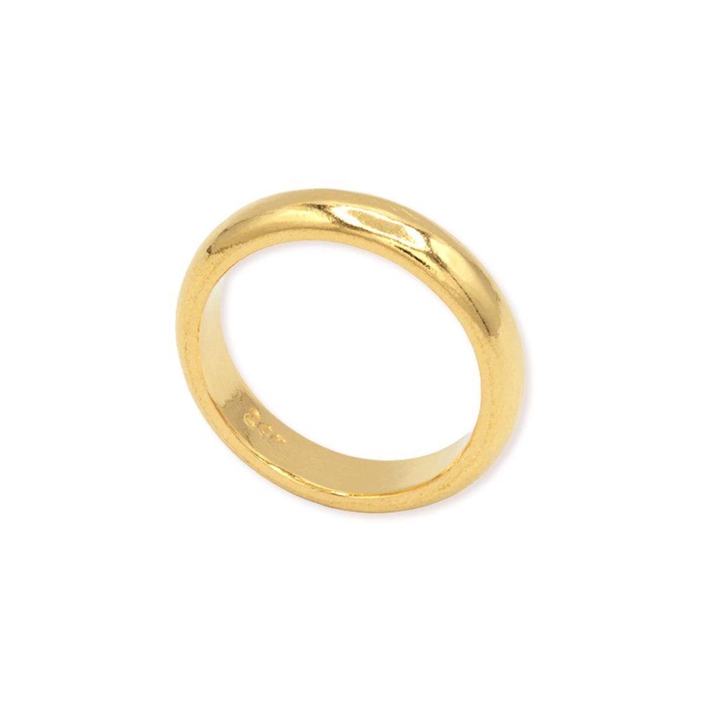 Standing profile of 4mm 24K gold wedding band showing width and dome shape