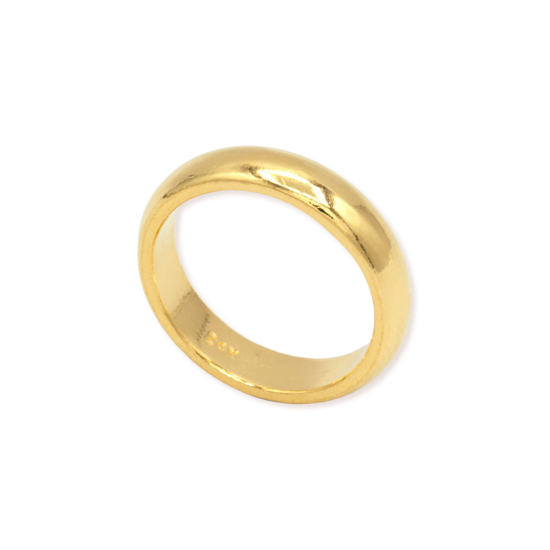 Side profile of 5mm 24K gold wedding band showing width and dome shape