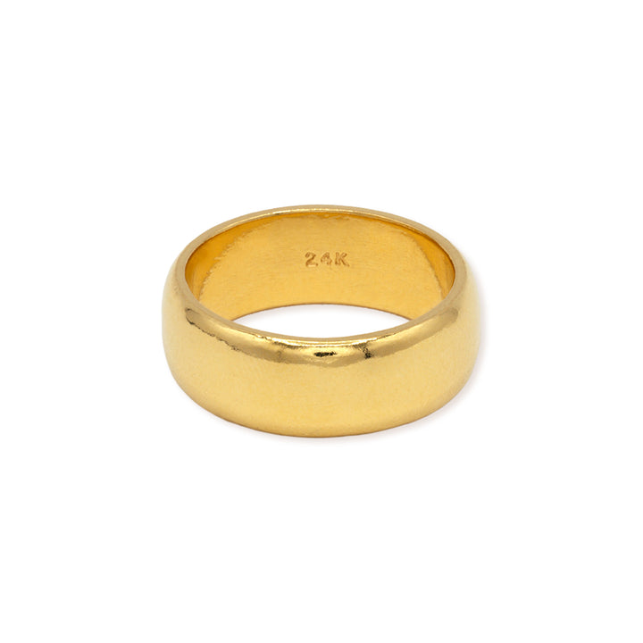 Flat view of 8mm 24k gold men wedding band on a white background