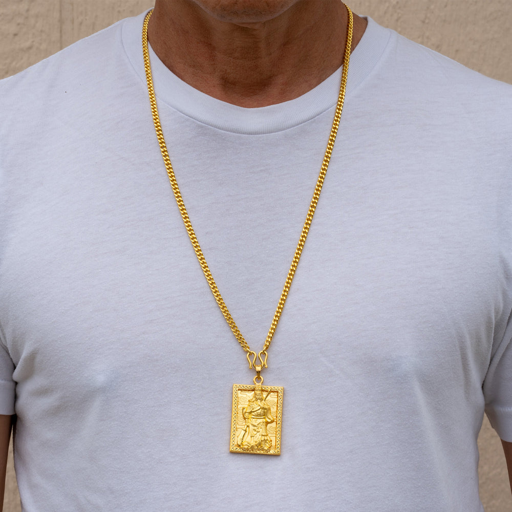 24k gold cuban chain and Guan Yu pendant on model