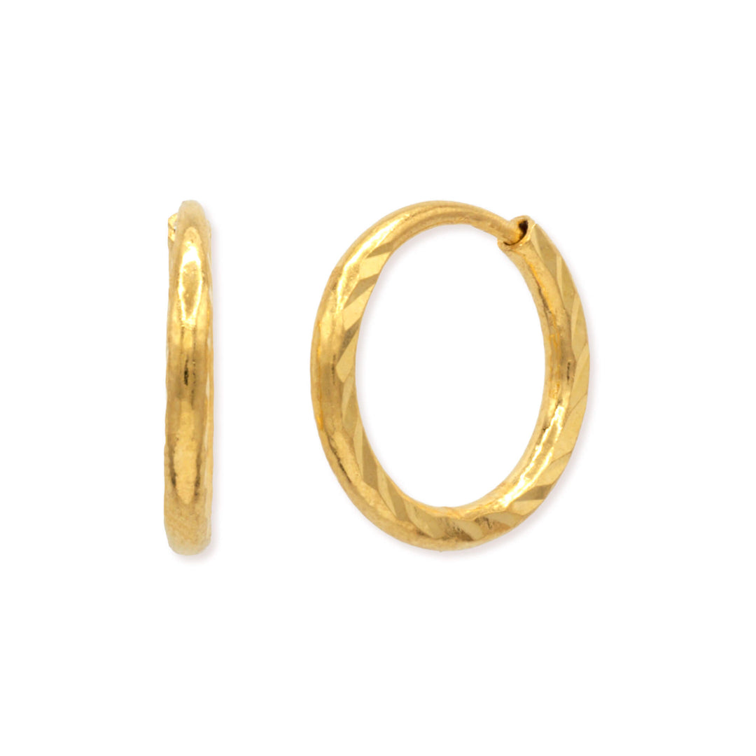 24K gold diamond cut hoop earrings 15mm diameter in 999.9 fine gold with precision faceted surface