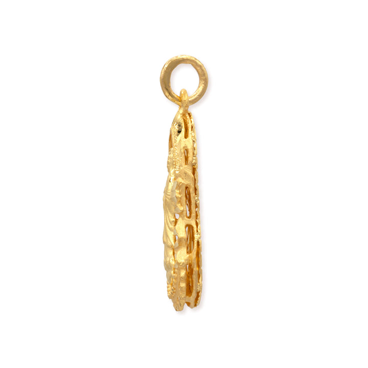 Side profile of 24k gold Guanyin pendant showing dimensional depth, relief work detailing, and bail attachment on white background