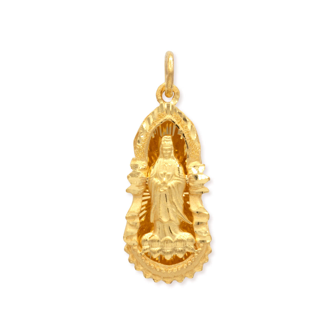 24k gold Guanyin pendant showing goddess of mercy seated in meditation on lotus flower with ornate scalloped detailing on white background