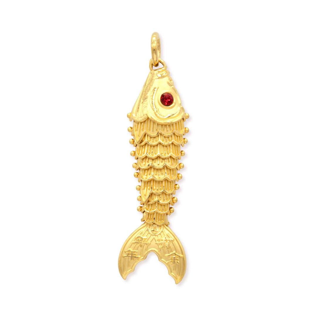 Close-up of 24K pure gold articulated koi fish pendant against white background