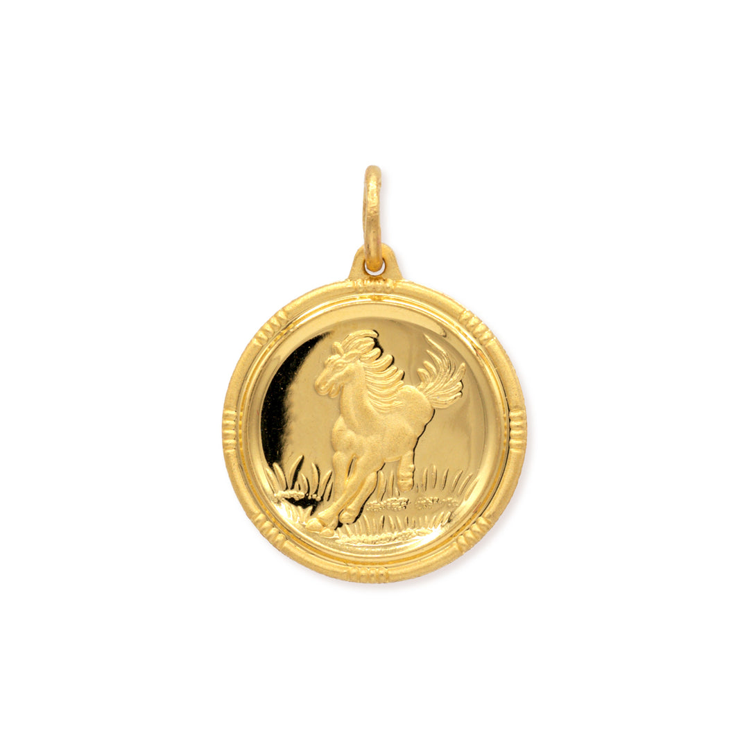 24k gold Chinese zodiac horse pendant with detailed cast relief design