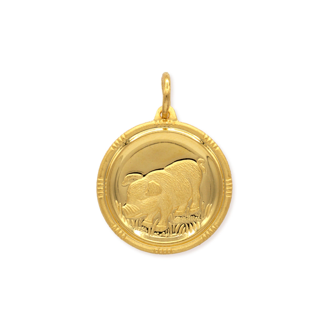24k gold Chinese zodiac pig pendant with detailed cast relief design