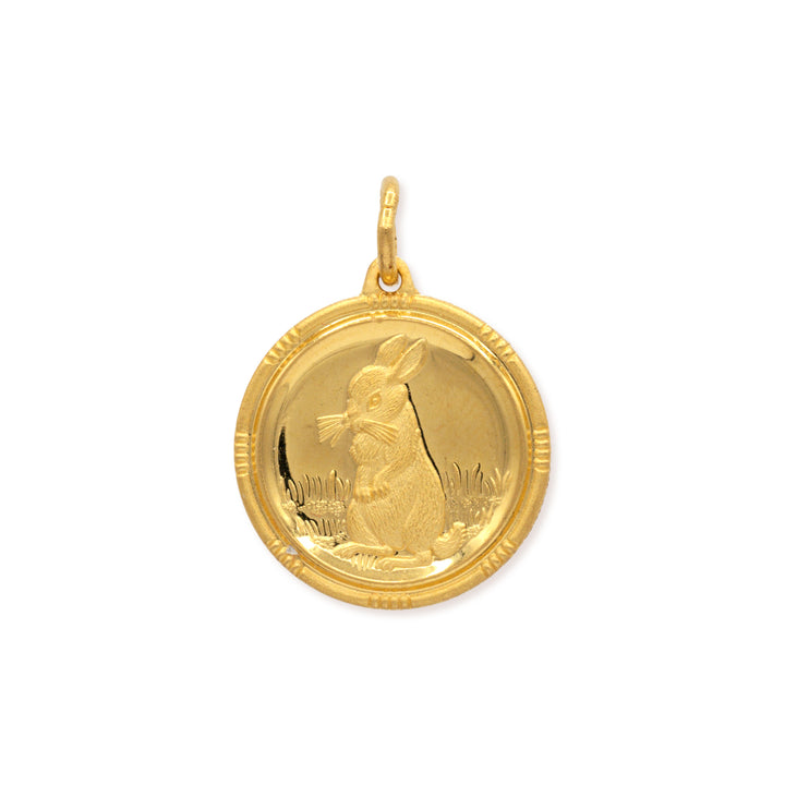24k gold Chinese zodiac rabbit pendant with detailed cast relief design