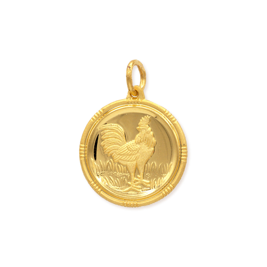 24k gold Chinese zodiac rooster pendant with detailed cast relief design