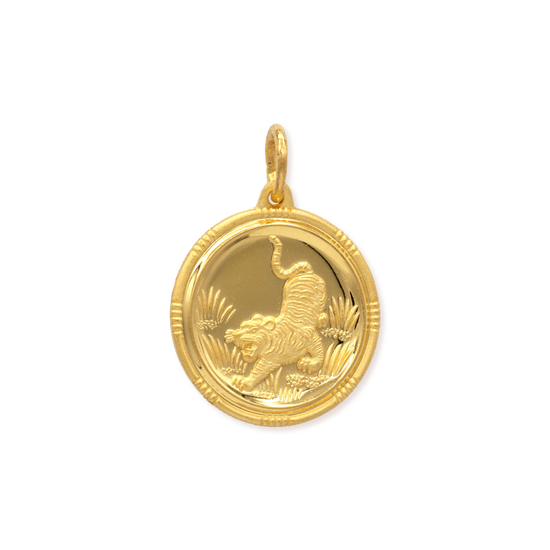 24k gold Chinese zodiac tiger pendant with detailed cast relief design