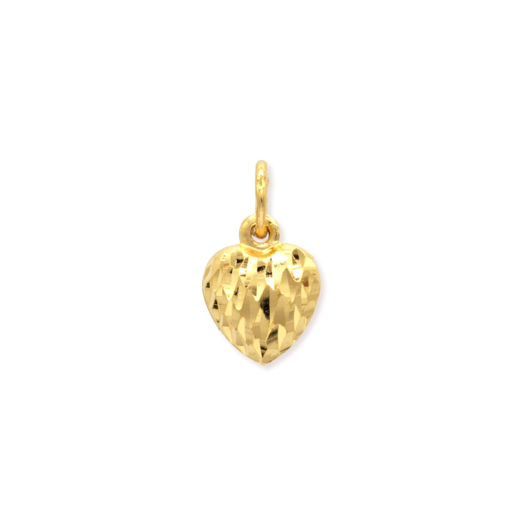 24k gold heart mini pendant with diamond-cut textured surface and faceted geometric patterns on white background