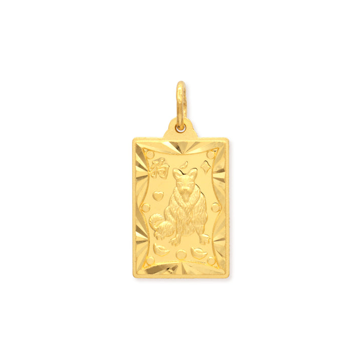 front of 24k gold dog zodiac rectangle pendant on white background 