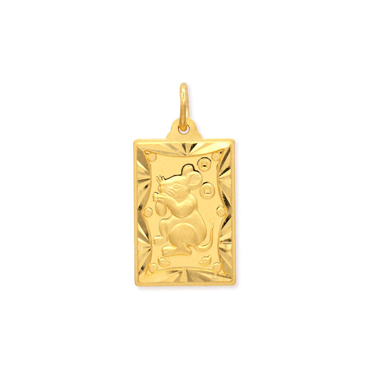 front of 24k gold rabbit rat pendant on white background