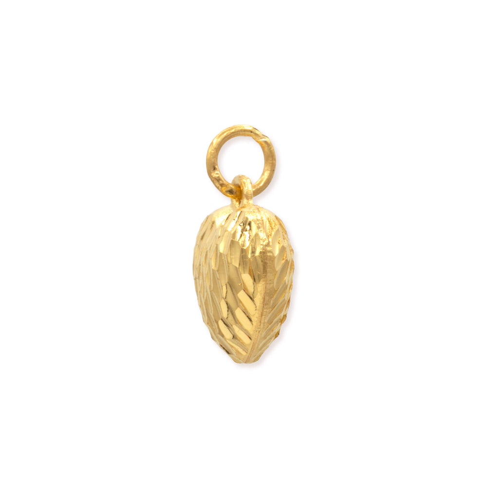 Side profile of 24k gold heart pendant showing dimensional depth, textured detailing, and bail attachment