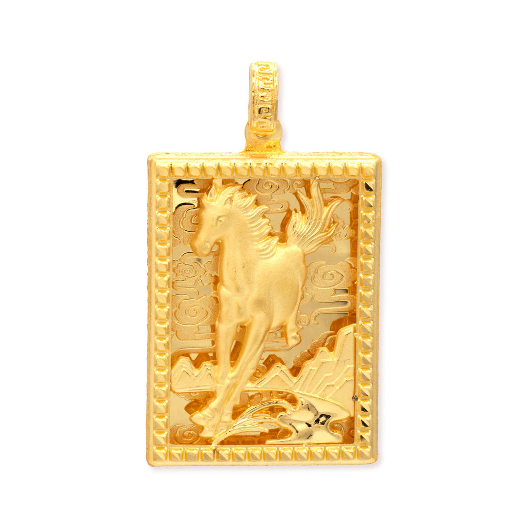 24k gold pendant with a horse design on a white background
